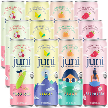 Juni Sparkling Tea With Adaptogens, Zero Sugar, 5 Calories, Organic Adaptogen Drink With Natural Caffeine From Green Tea, Vegan,12 Fl Oz Cans, Variety Pack (12-Pack)