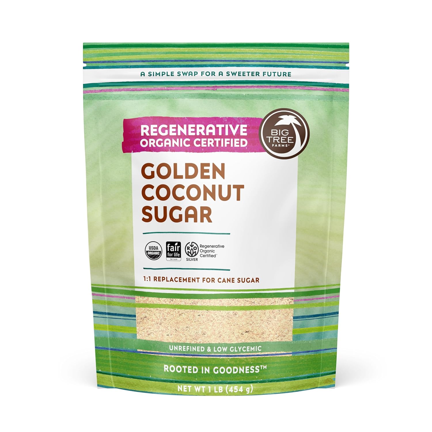 Big Tree Farms Organic Golden Coconut Sugar - Coconut Palm Sugar, Unrefined, Fine Crystals, Cane Sugar Replacement, Coconut Blossom Nectar, Vegan, Perfect For Baking - 1 Pound (Pack Of 1)