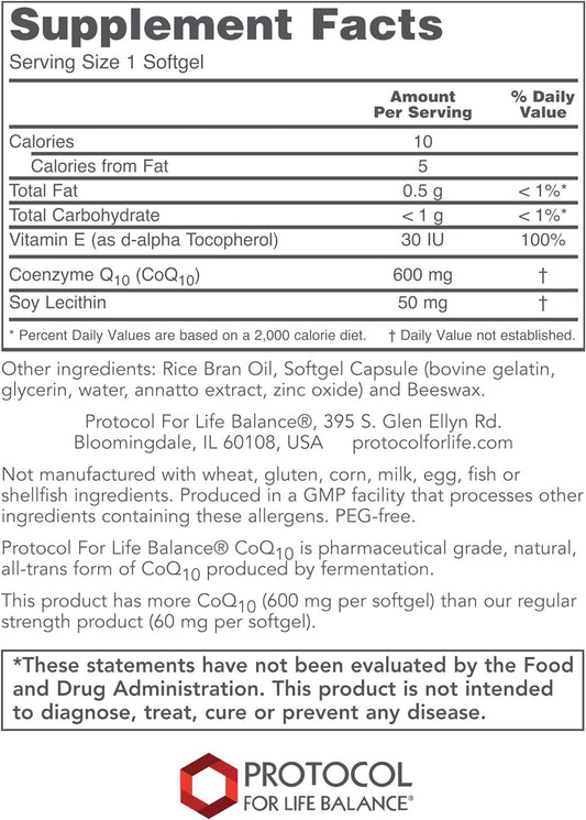 Protocol Coq10 600Mg With Vitamin E - Antioxidant Supplement And Heart Health Support - 60 Softgels