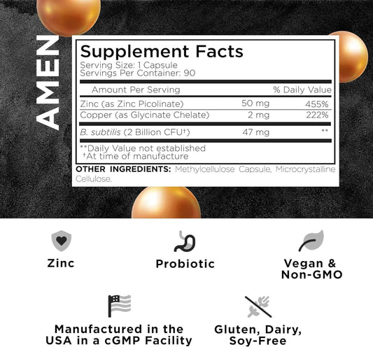 Zinc & Copper Supplement + Probiotics, 3 Months Supply, One Per Day - 50 mg Zinc Picolinate Vitamin Pills - Essential Minerals Supplements – 2 Billion CFUs Probiotic – Vegan, Non-GMO, 90 Capsules