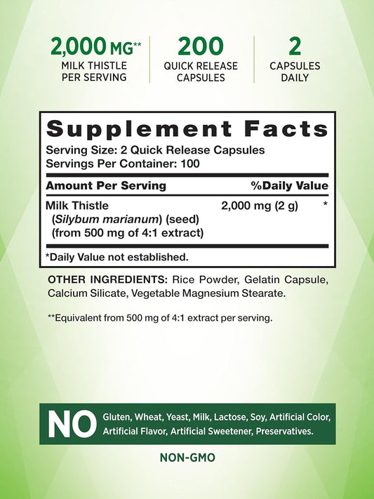 Nature'S Truth Milk Thistle | 2000Mg | 200 Capsules | Non-Gmo And Gluten Free Seed Extract Supplement | Silymarin Marianum