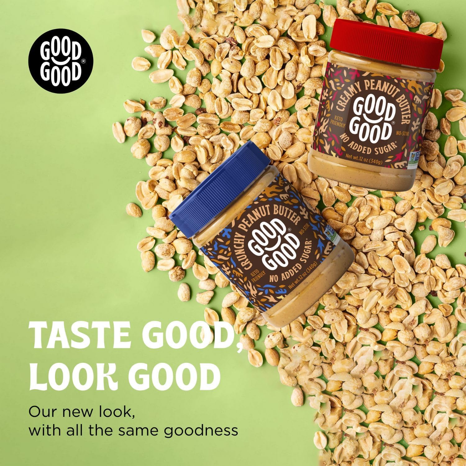 Good Good Crunchy & Creamy Peanut Butter - Keto Friendly - Low Carb & No Added Sugars - Vegan - Gluten Free - Non-Gmo - 340G Jars