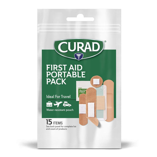 Curad First Aid Portable Pack, Ideal For Travel, Carry-On, Backpacks, Water Resistant Pouch, Variety Size Bandages, Alcohol Swabs, 12 Packs