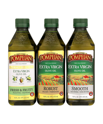 Pompeian Extra Virgin Olive Oil Variety Pack - Smooth Evoo, Gourmet Selection Evoo, Robust Evoo, First Cold Pressed, Naturally Gluten-Free, Non-Allergenic, Non-Gmo, 16 Fl Oz (Pack Of 3)