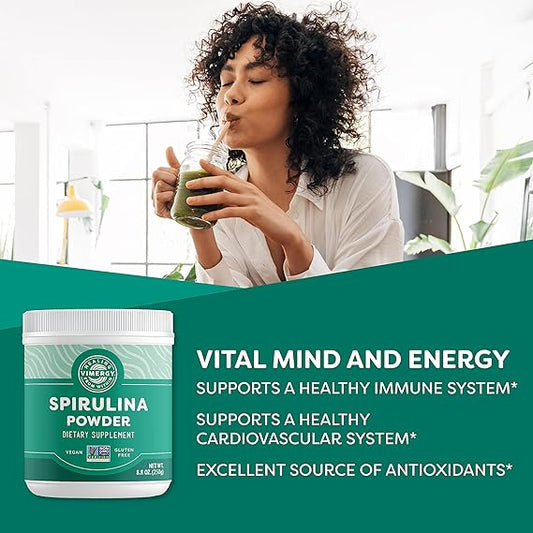 Vimergy Natural Spirulina Powder, 83 Servings ? Super Greens Powder ? Nutrient Dense Blue-Green Algae Superfood for Smoothies & Juices ? Immune Support - Non-GMO, Gluten-Free, Vegan & Paleo (250g)