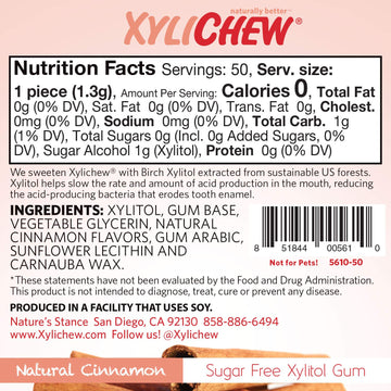 Xylichew 100% Xylitol Chewing Gum - Non Gmo, Non Aspartame, Gluten Free, And Sugar Free Gum - Natural Oral Care, Relieves Bad Breath And Dry Mouth - Cinnamon, 50 Count