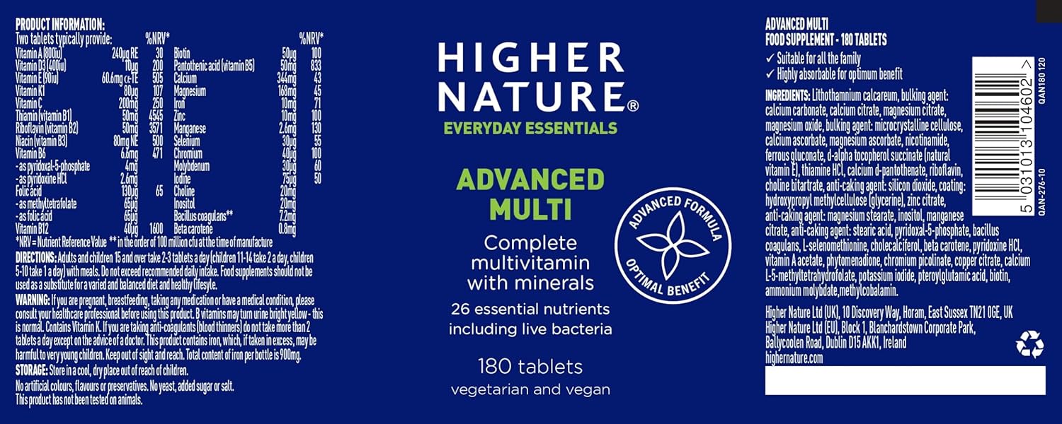 Higher Nature - Advanced Multi - Multi Vitamins Supplements - 26 Essential Vitamins, Minerals & Live Bacteria - 180 Tablets : Amazon.co.uk: Health & Personal Care