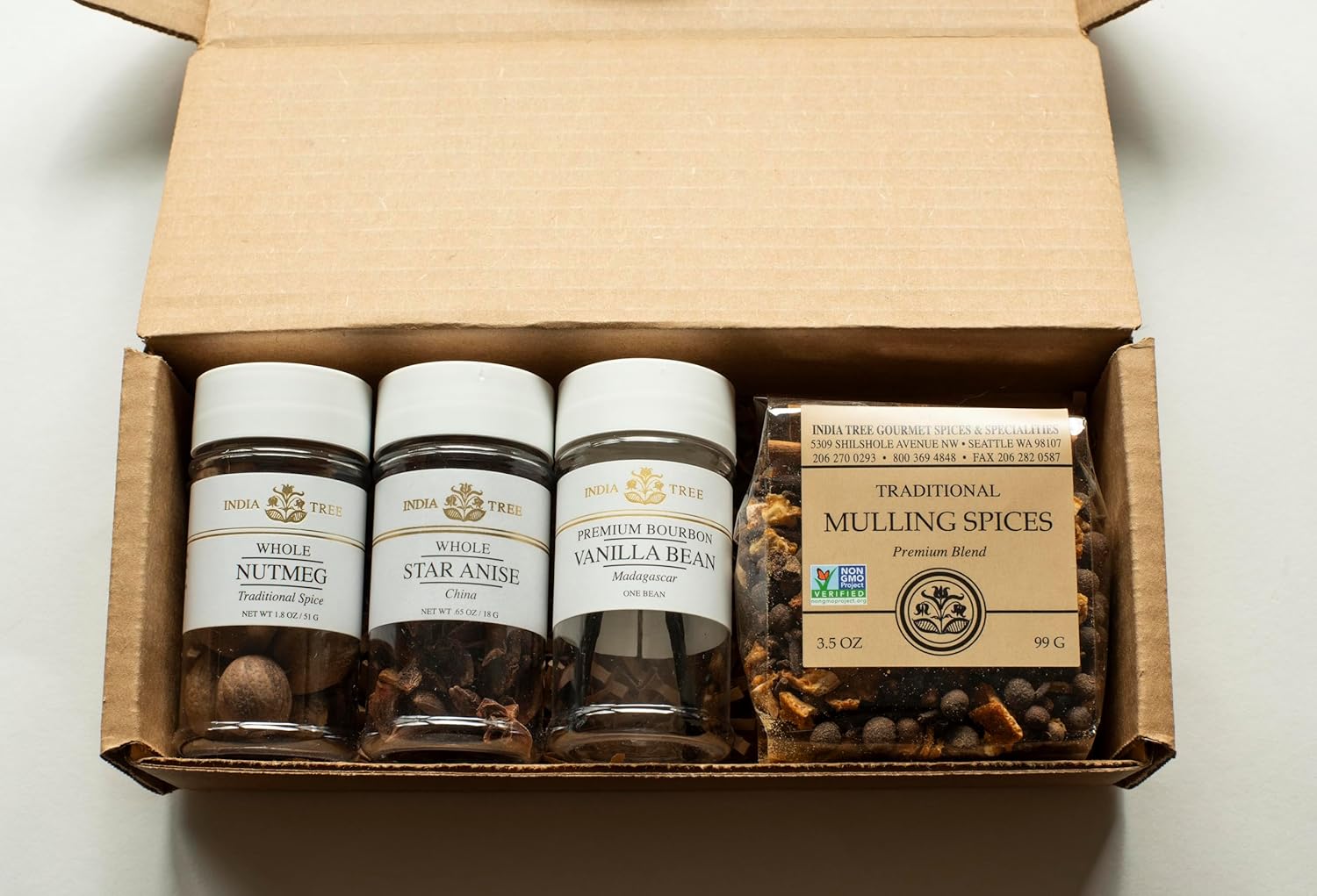 India Tree Winter Holiday Spice Gift Pack - Mulling Spices, Bourbon Vanilla Bean, Star Anise, and Nutmeg - 6.5 Ounces Total : Grocery & Gourmet Food