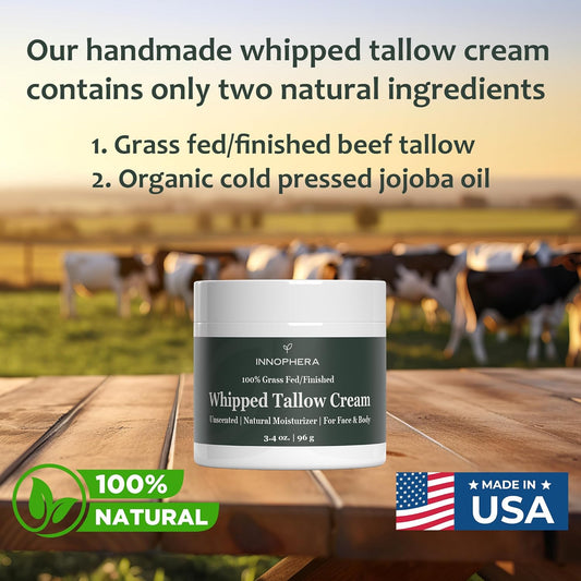 Whipped Beef Tallow Cream For Skin Care - Grass Fed & Grass Finished - 100% Natural Moisturizer For Sensitive Skin - Handmade Face & Body Lotion - Unscented & Odorless - 1.4 Oz