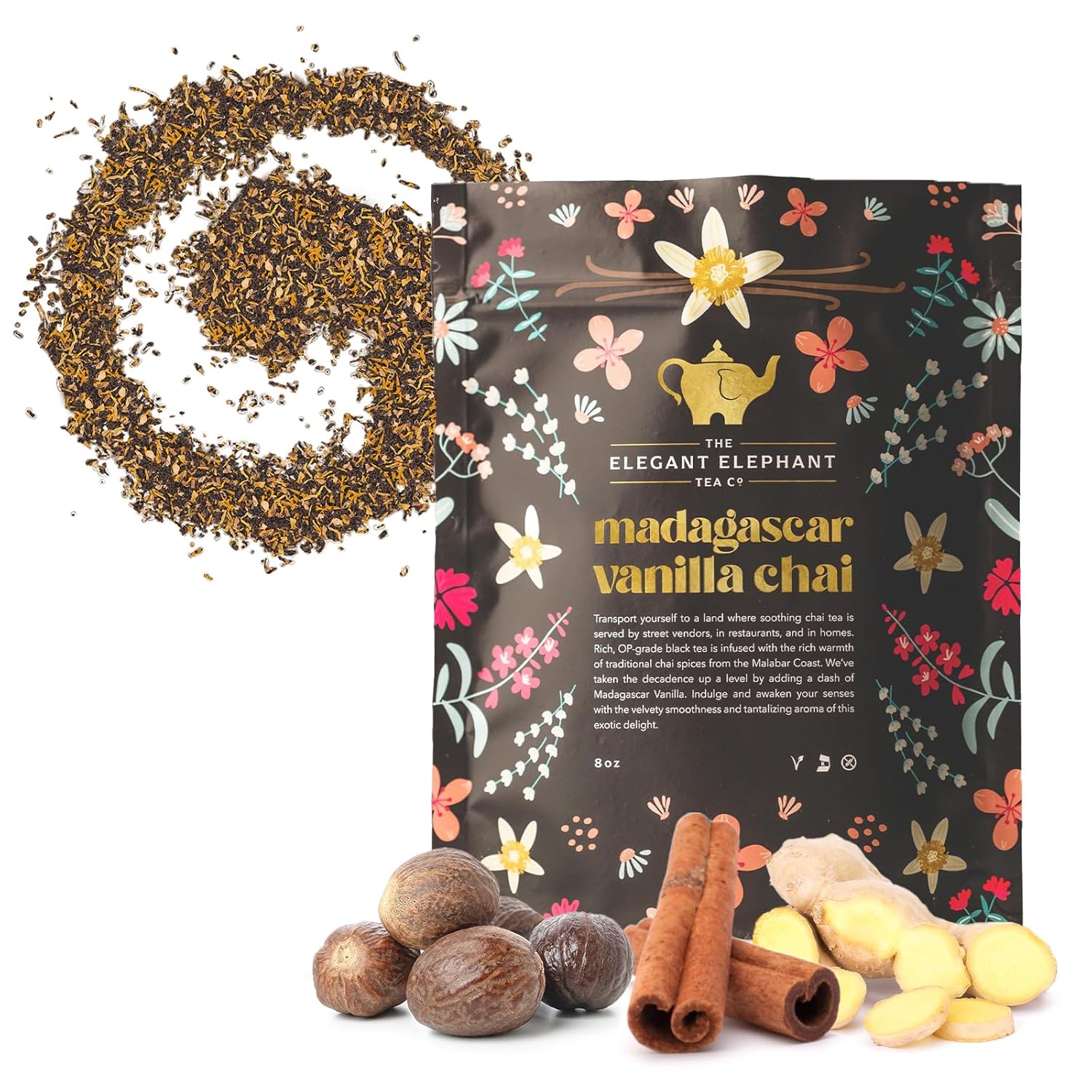 Madagascar Vanilla Chai Tea – Loose Leaf Black Tea W/Cinnamon, Ginger & Clove – Natural, Aromatic & Perfect For Hot Or Iced Lattes – Resealable 8Oz Bag (Makes 100 Cups) – The Elegant Elephant