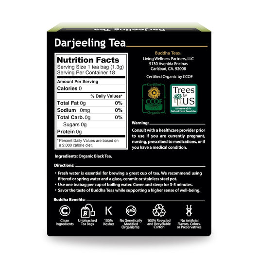 Buddha Teas - Organic Darjeeling Tea - Herbal Black Tea - For Health & Wellbeing - With Antioxidants & Minerals - Clean Ingredients - With Caffeine - Ou Kosher & Non-Gmo - 18 Tea Bags (Pack Of 1)