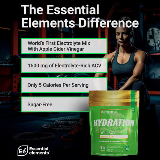 Essential Elements Hydration Packets - Yuzu Lime Pack - Sugar Free Electrolytes Powder Packets - 25 Stick Packs Of Electrolytes Powder No Sugar - Hydration Drink - With Acv & Vitamin C