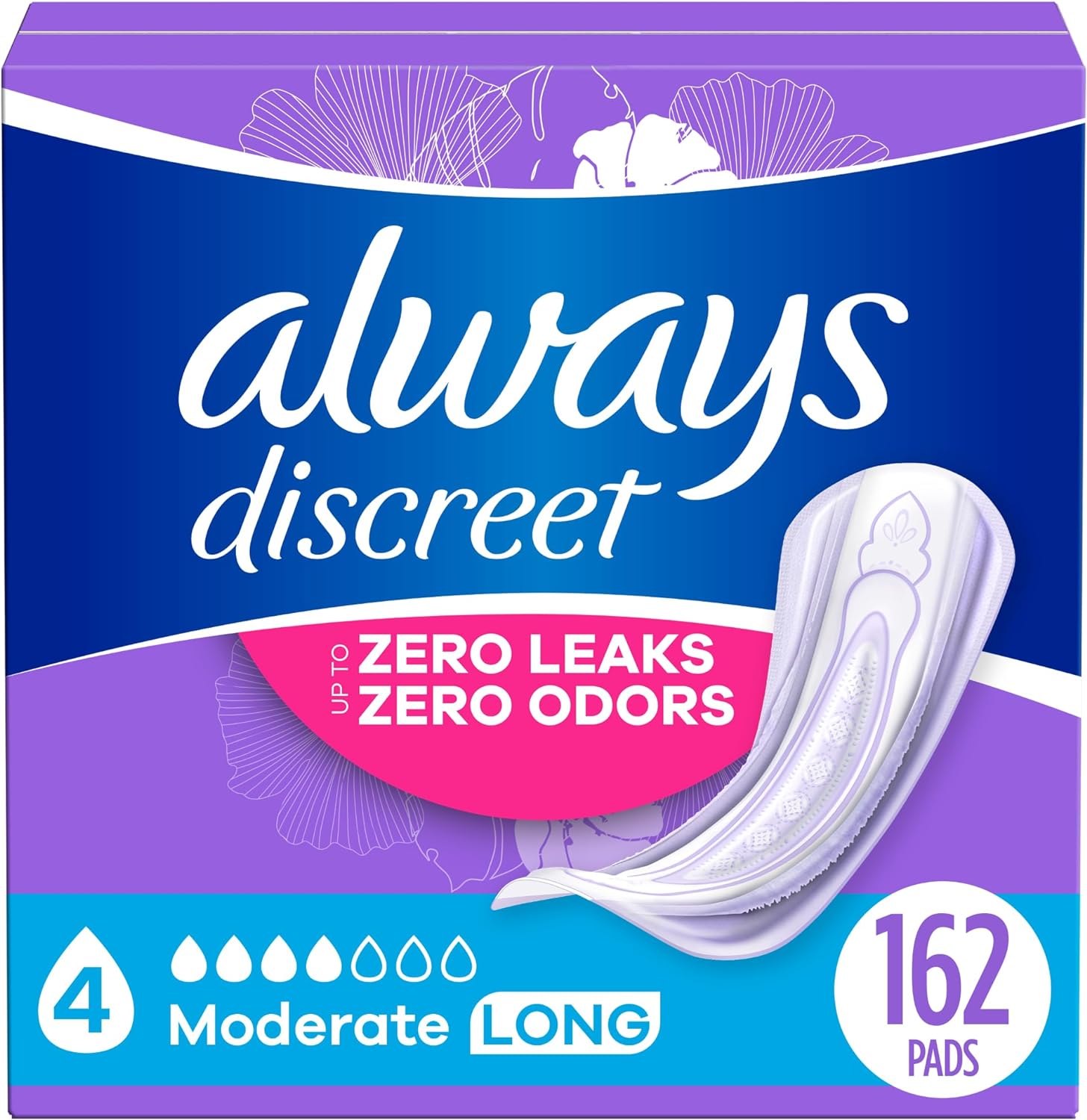 Always Discreet Adult Incontinence Pads For Women, Moderate Absorbency, Long Length, Postpartum Pads, 162 Ct