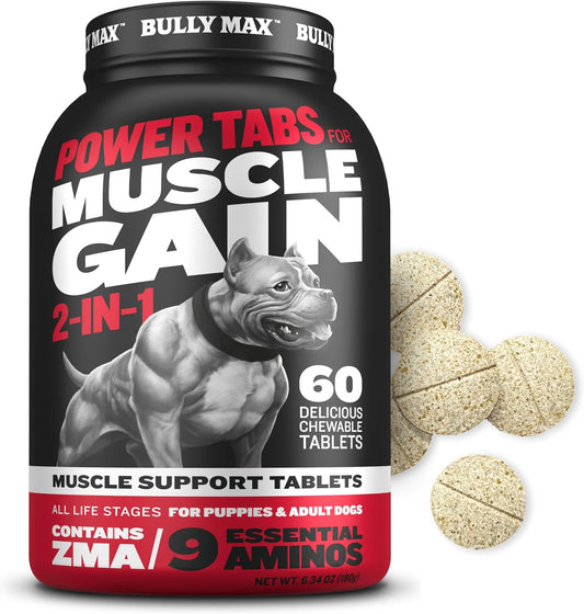 Bully Max Muscle Building & High Protein Food Power Pack - Muscle Builder 60 Tabs, Dry Dog Food 40Lbs & Liquid Supplement Bundle - Fuels Growth, Strength & Peak Performance For Puppies & Adult Dogs