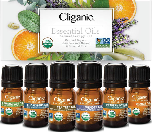 Cliganic Organic Aromatherapy Set (Top 6) With Diffuser