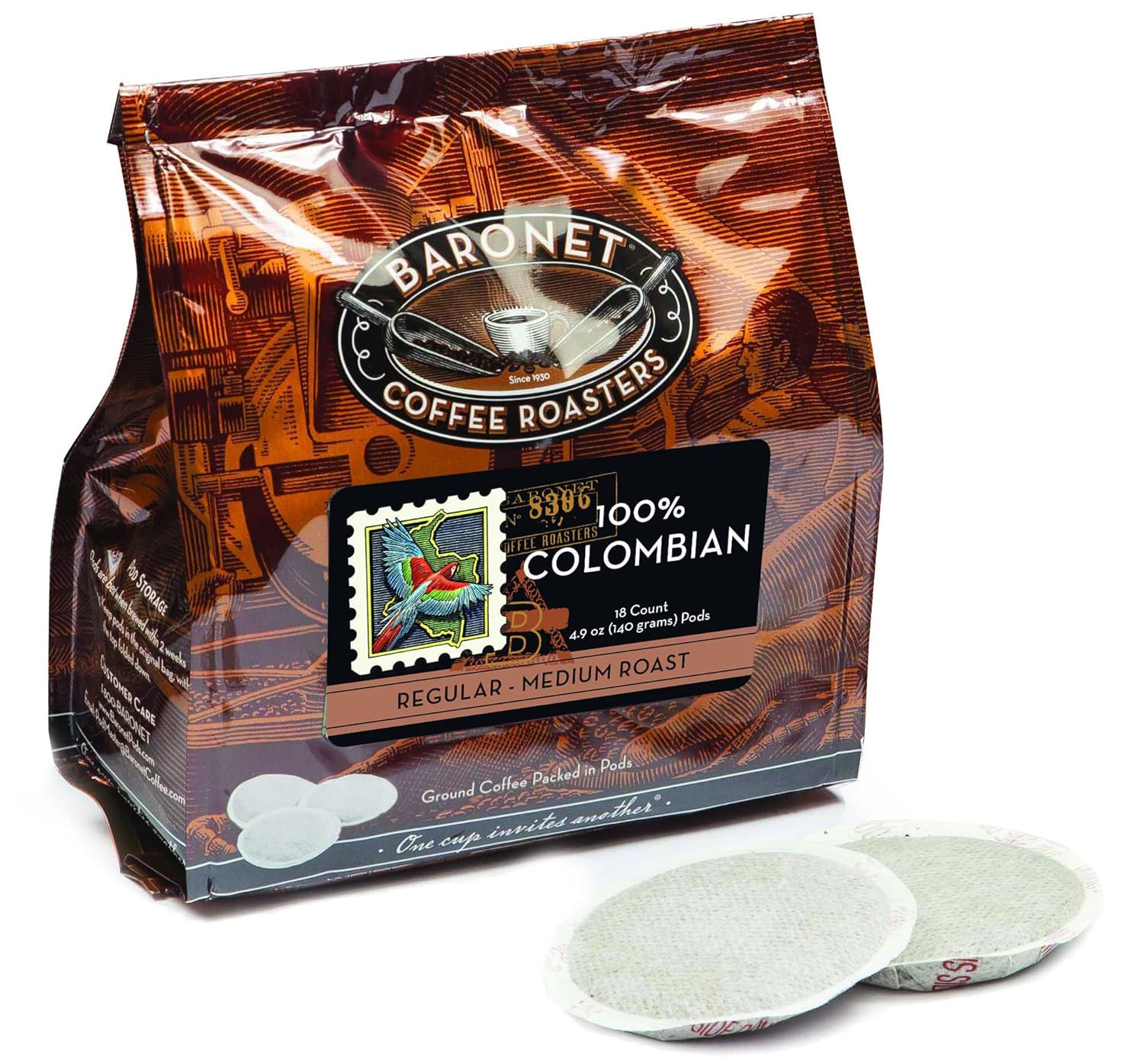 Baronet Coffee Pods [100% Colombian Coffee -54 Pods] Single Cup Use For Senseo Coffee Machine - 3 Bags Of 18 Single Serve 8 Gram Pods, Regular Strength Soft Coffee Pods, Medium Roast [100% Colombian]