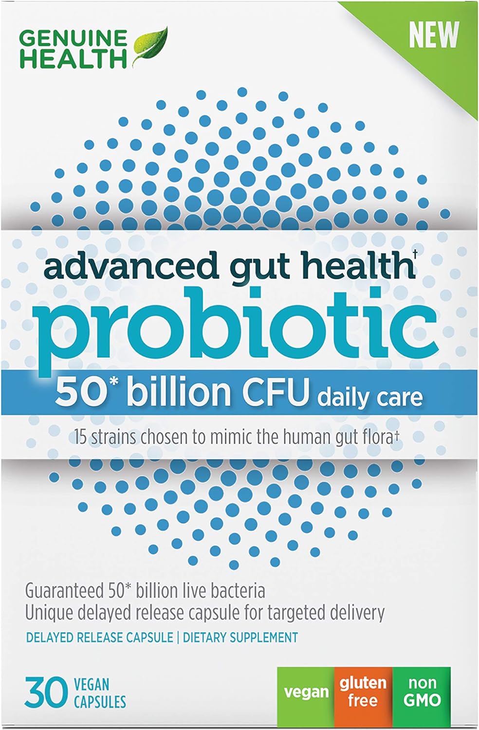 Genuine Health Probiotics, 50 Billion Cfu, Daily Care, 15 Diverse Strains, Soy Free, Gluten Free, Vegan Delayed-Release Capsules For Advanced Gut Health, 30 Count