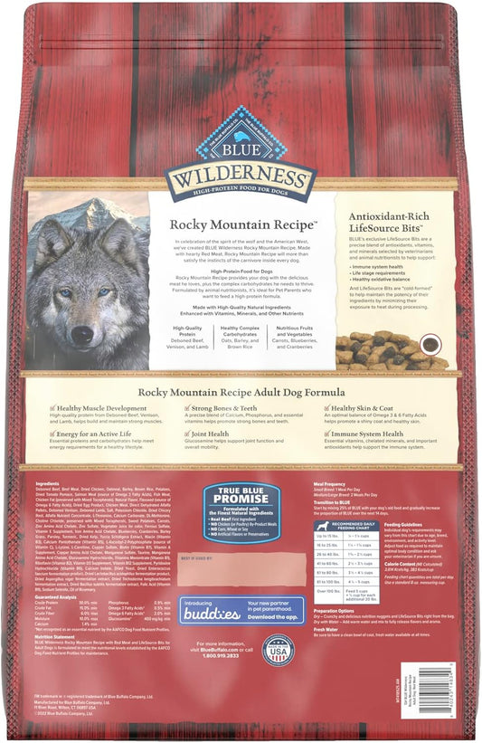 Blue Buffalo Wilderness High-Protein Rocky Mountain Recipe Dry Food For Adult Dogs, Red Meat & Grains, 13-Lb. Bag