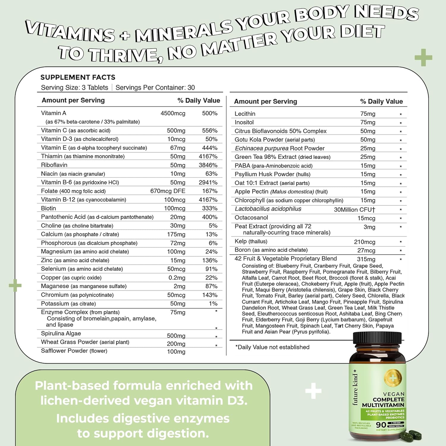 Future Kind Vegan Multivitamins Complete - 42-In-1 Vegan Multivitamins For Women & Men With Enzymes, B12, Zinc, & Probiotics For Digestion (90 Tabs In Recycled Bottle) : Health & Household