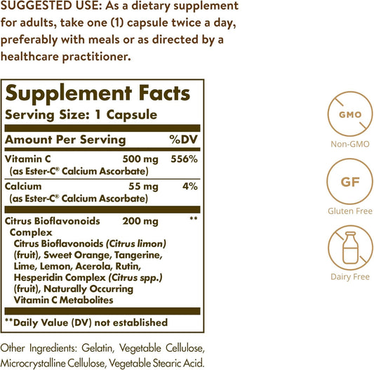 Solgar Ester-C Plus 500 Mg Vitamin C With Citrus Bioflavonoids - 90 Capsules - Gentle & Non Acidic, Well Retained - 24-Hour Immune Support - Non-Gmo, Gluten Free - 90 Servings