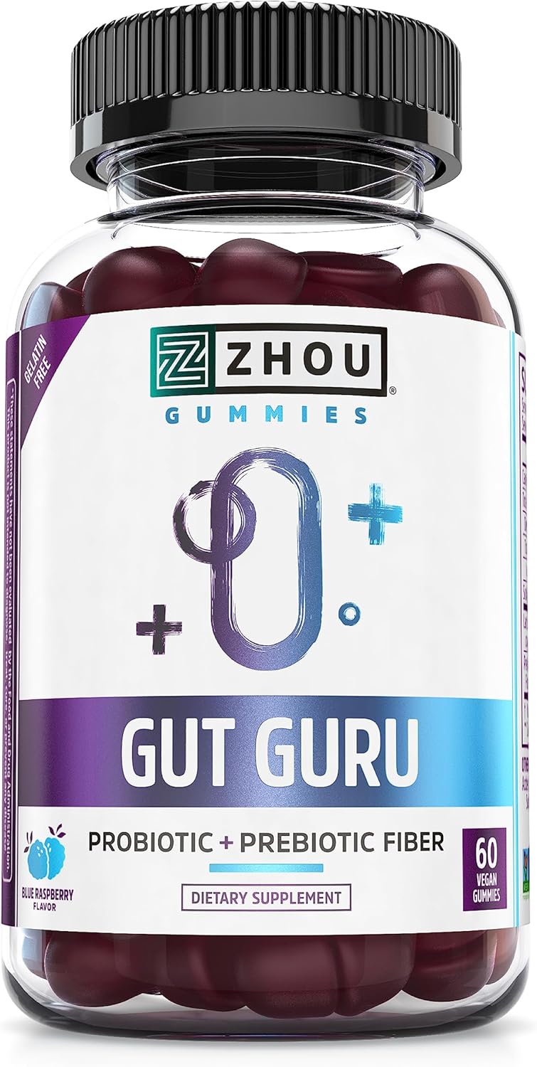 Zhou Nutrition Gut Guru Prebiotics And Probiotics For Women And Men, 2 In 1 Probiotic And Prebiotic Gummies For Digestive Gut Health And Immune Support, Vegan, Gluten Free, Non-Gmo, 60 Count