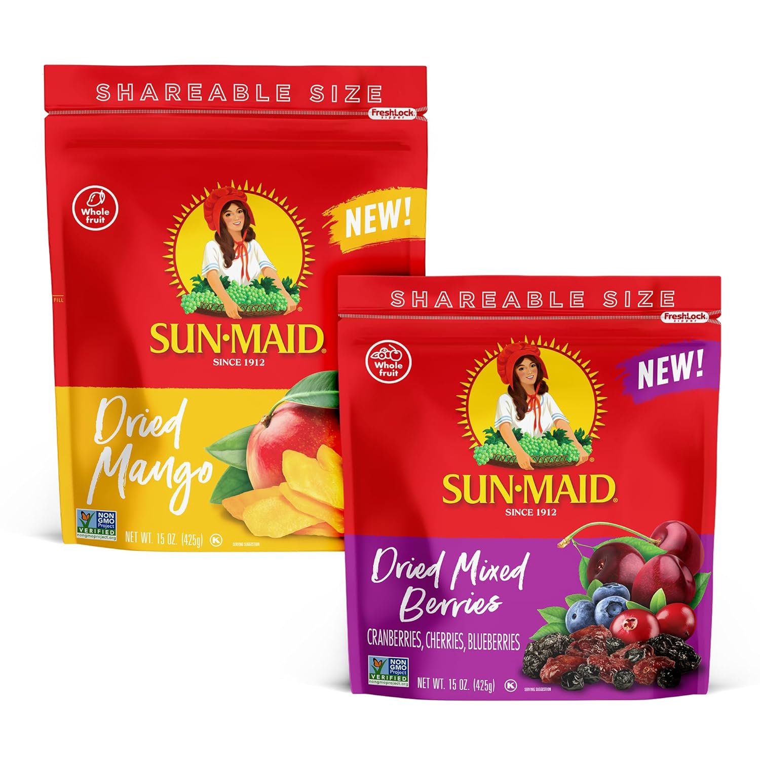 Sun-Maid Dried Mixed Berries, 15oz & Dried Mangos, 15oz Resealable Bags - Dried Fruit Snack for Lunches, Snacks, and Natural Sweeteners