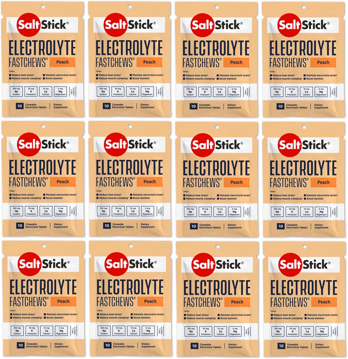 Saltstick Electrolyte Fastchews - 120 Peach Chewable Electrolyte Tablets - Electrolyte Chews, Salt Tablets - 12 Packets, 10 Tablets Each