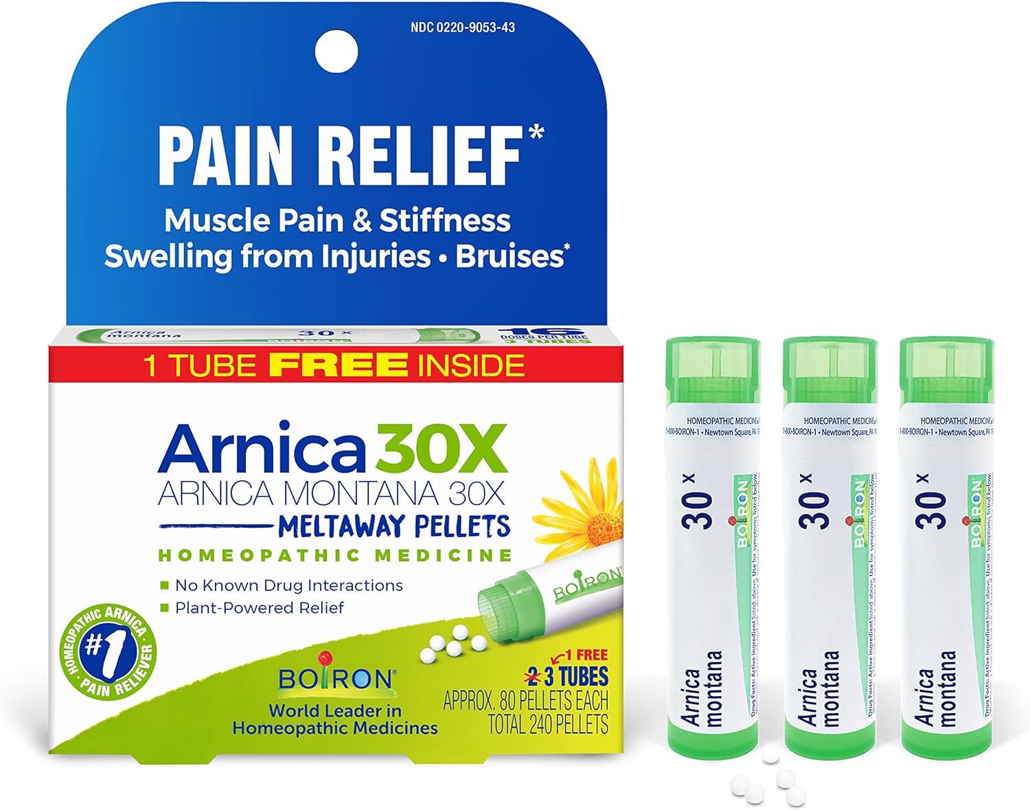 Boiron Arnica Montana 30X Homeopathic Medicine For Relief From Muscle Pain, Muscle Stiffness, Swelling From Injury, And Discoloration From Bruises - 3 Count (240 Pellets)