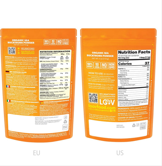Loov Organic Sea Buckthorn Powder, High In Fibre, Made From 100% Whole Berries, 113 G, Grown In Nordic Climate, Rich In Omega Blend, Vitamin C, Vitamin E, 23-Day Supply, No Added Sugar, Non-Gmo
