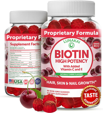 Biotin Gummies with Vitamin C & E - Tastiest Proprietary Formula-5000mcg Non-GMO Hair Skin and Nails Vitamins Gummies for Women - Vegan Biotin Supplement - Biotin Gummies for Hair Growth - 60 Count