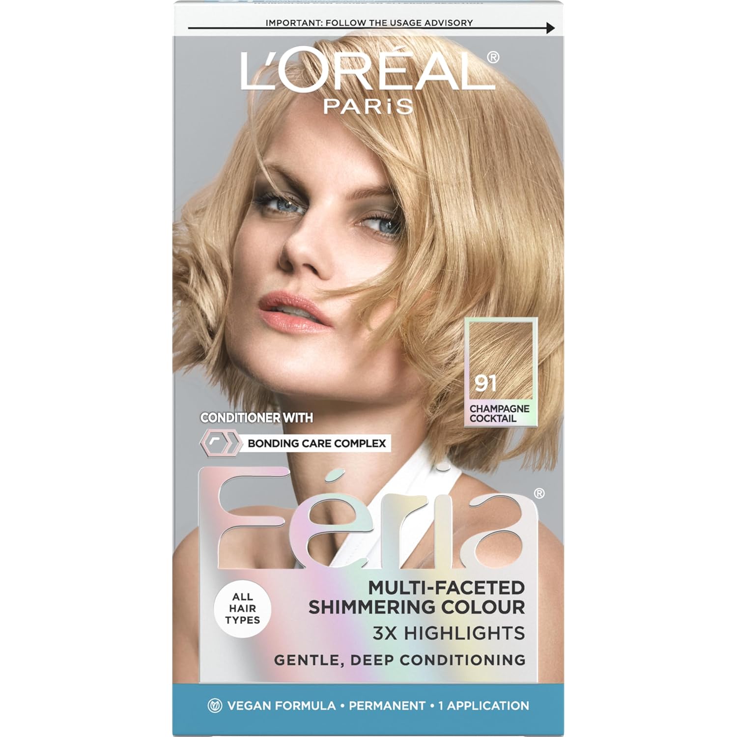 L'Oreal Paris Feria Multi-Faceted Shimmering Permanent Hair Color, 91Champagne Cocktail (Light Beige Blonde), Pack Of 1, Hair Dye