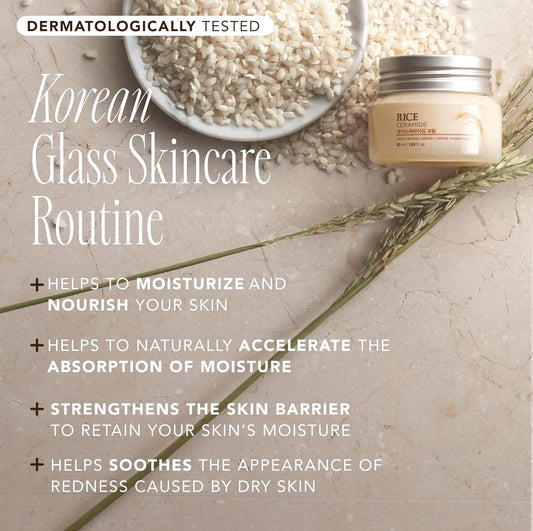 The Face Shop Rice Ceramide Moisturizing Cream - Rice Extract + Rice Bran Oil - Hydrating Targets Dryness, Brightening - Dermatologically Tested - Lightweight Moisturizer Face Cream - Korean Skin Care