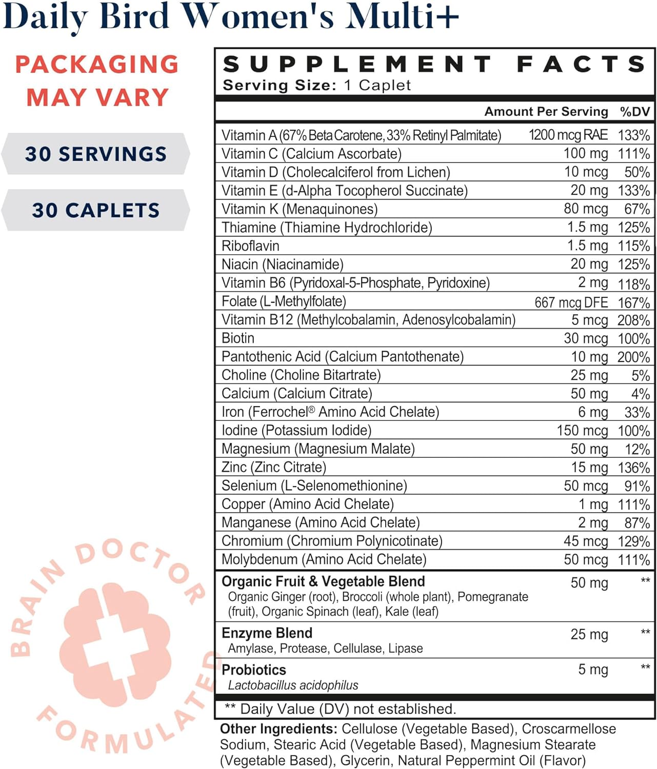 Best Nest Wellness Daily Bird Women's Multivitamin for Women with Probiotics, Methylfolate, Whole Food Organic Blend, Once Daily Vitamins, Gluten Free, 30 Ct : Health & Household