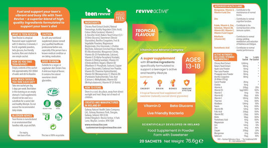 Teen Revive Super Supplement - 23 Active Ingredients In 1 Daily Sachet - Vitamin C, B12, Niacin, And Folate - Supports Overall Health & Immune System - Suitable For 13-18 Years Old - 20 Days Supply