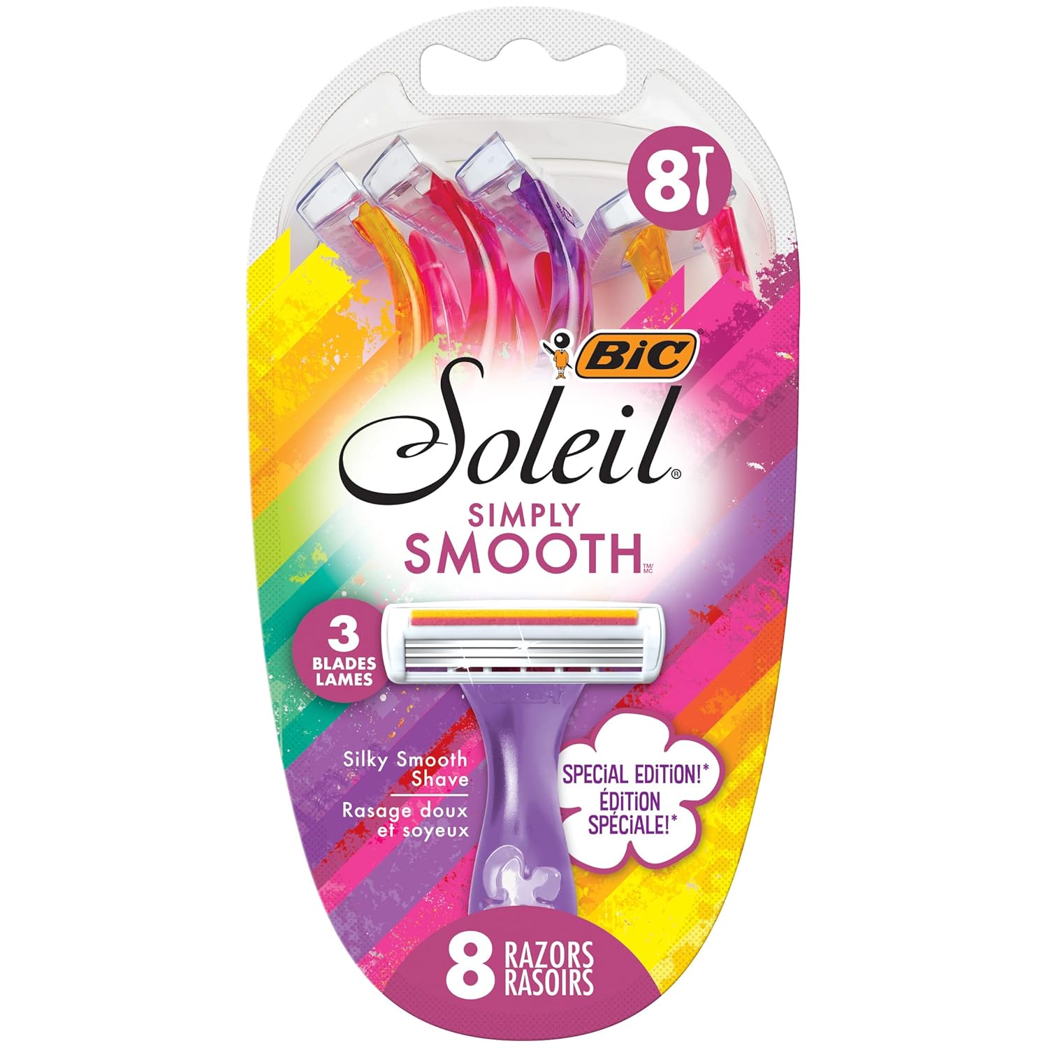 BIC Soleil Simply Smooth Women's Disposable Razors, 3 Blades With Moisture Strip For a Silky Smooth Shave, 8 Piece Razor Set