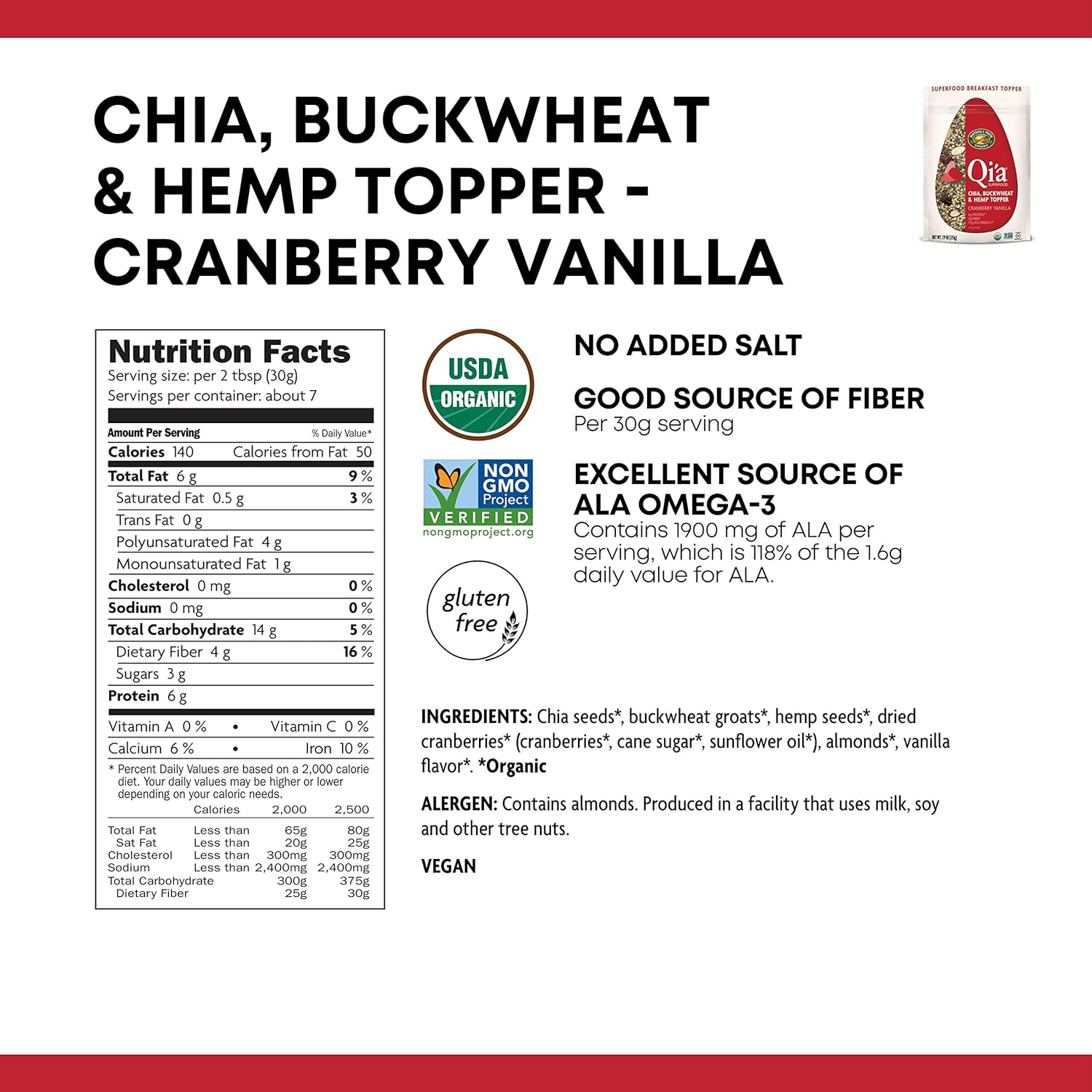 Nature's Path Qi'a Superfood Organic Gluten Free Cranberry Vanilla Chia,Buckwheat and Hemp Cereal Topper,7.9 Ounce,Non-GMO,6g Plant Based Protein,1.9 grams of ALA Omega-3s,by Nature's Path : Oatmeal Breakfast Cereals : Everything Else