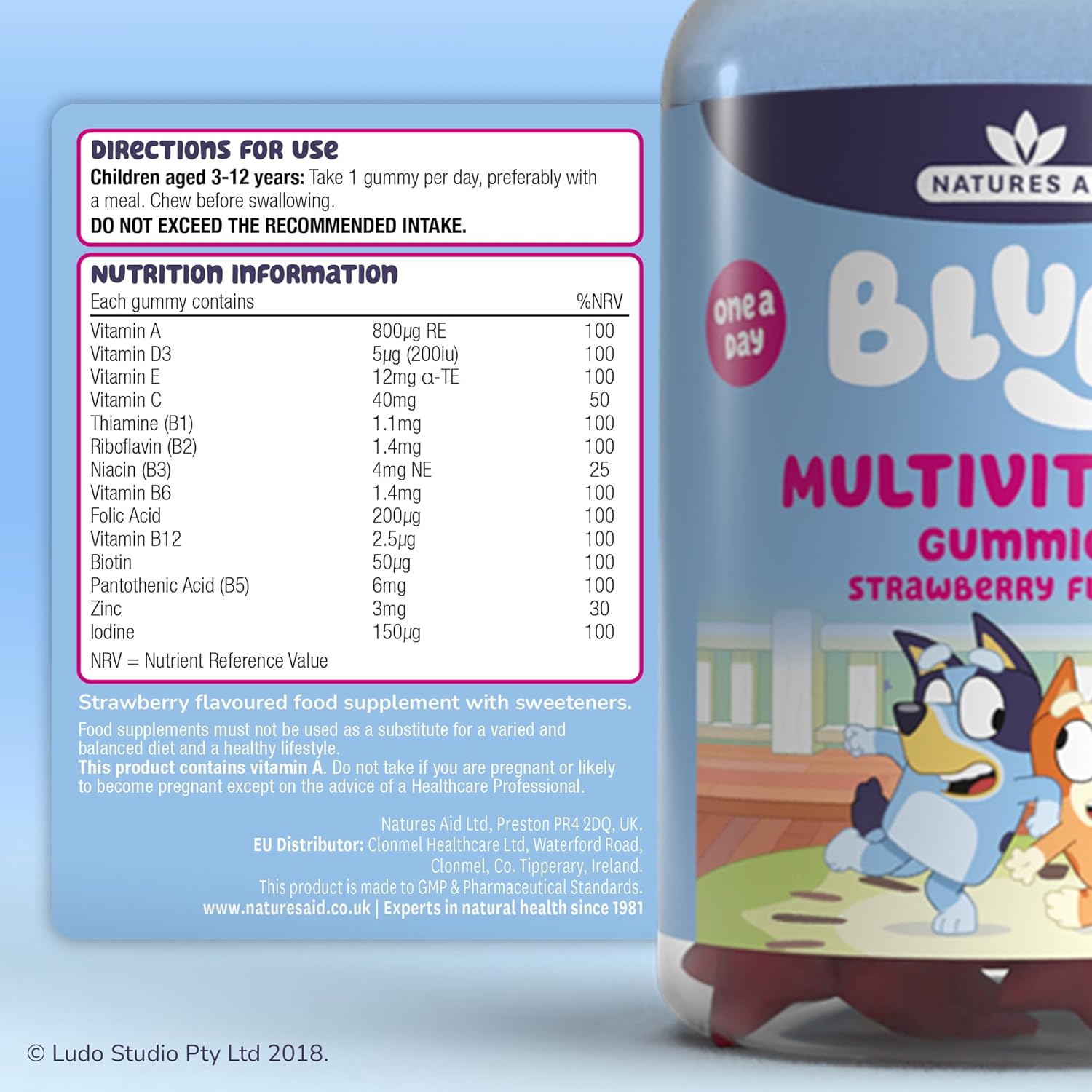 Bluey Kids Multivitamin Gummies - 14 Essential Vitamins & Minerals to Support Growing Bodies, Immunity & Tiredness - Strawberry, No Added Sugar, Vegan, Gluten Free - 30 Gummys for Children Ages 3-12 : Amazon.co.uk: Health & Personal Care