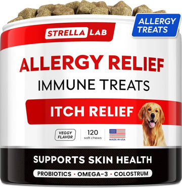 Strellalab Dog Allergy Relief & Anti Itch Support Chews W/Omega 3: Real Ingredients, Real Taste! Skin & Coat Immune Supplement W/Fish Oil, Pumpkin & Enzymes — Developed By Experts - Made In Usa -120Ct