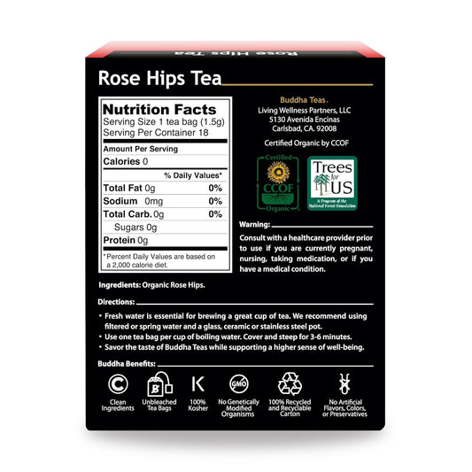 Buddha Teas Organic Rose Hips Tea - Ou Kosher, Usda Organic, Ccof Organic, 18 Bleach-Free Tea Bags