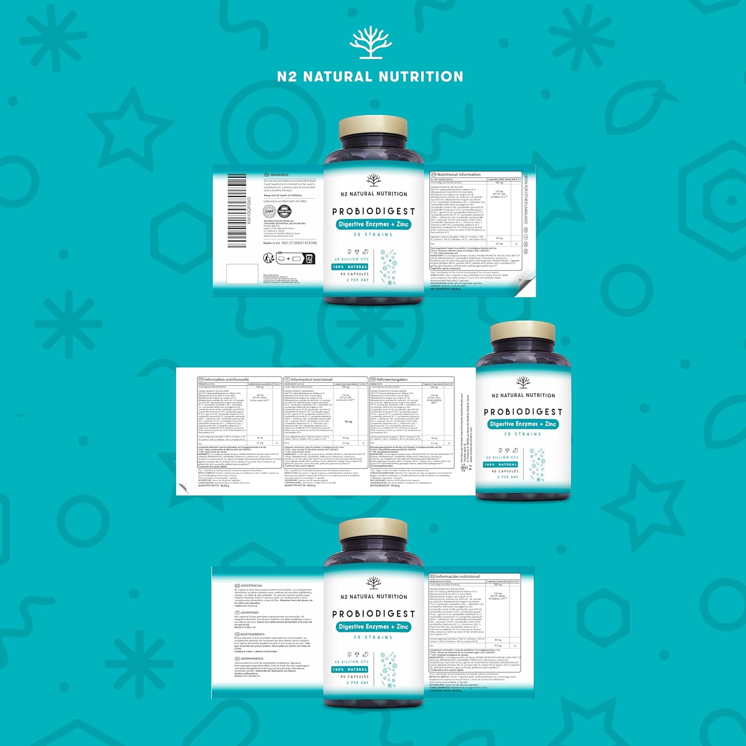 Probiotics Complex 60 Billion UFC, 30 Strains with Digestive Enzymes Plus Prebiotics and Zinc. Bacterial Cultures, Helps Immune System. with lactobacillus. 90 Capsules. CE. N2 Natural Nutrition : Amazon.co.uk: Health & Personal Care