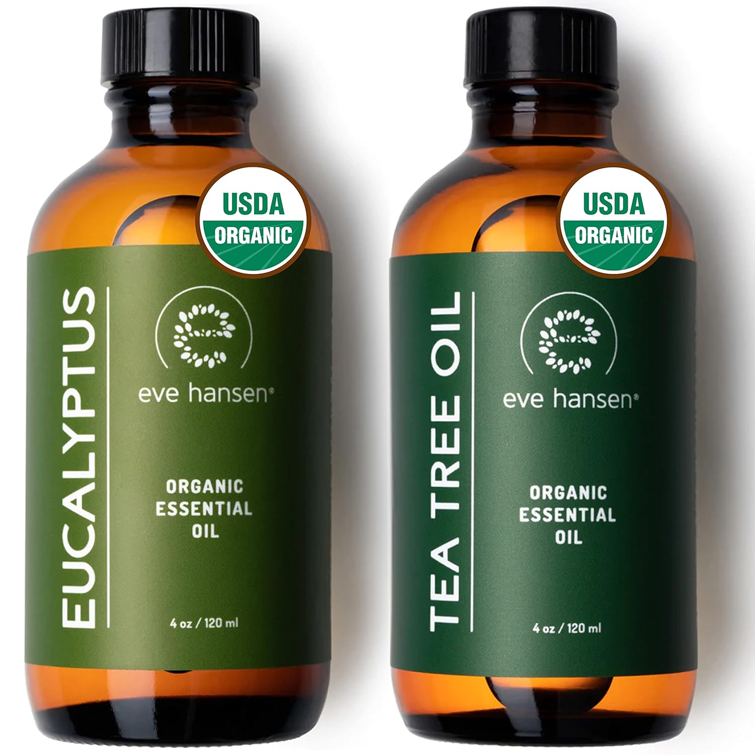 Eve Hansen Organic Tea Tree Oil & Eucalyptus Essential Oil Set | Usda Certified Eucalyptus Oil & Melaleuca Alternifolia Tea Tree Essential Oil For Skin, Aromatherapy Or Sauna Essential Oil (2X 4 Oz.)