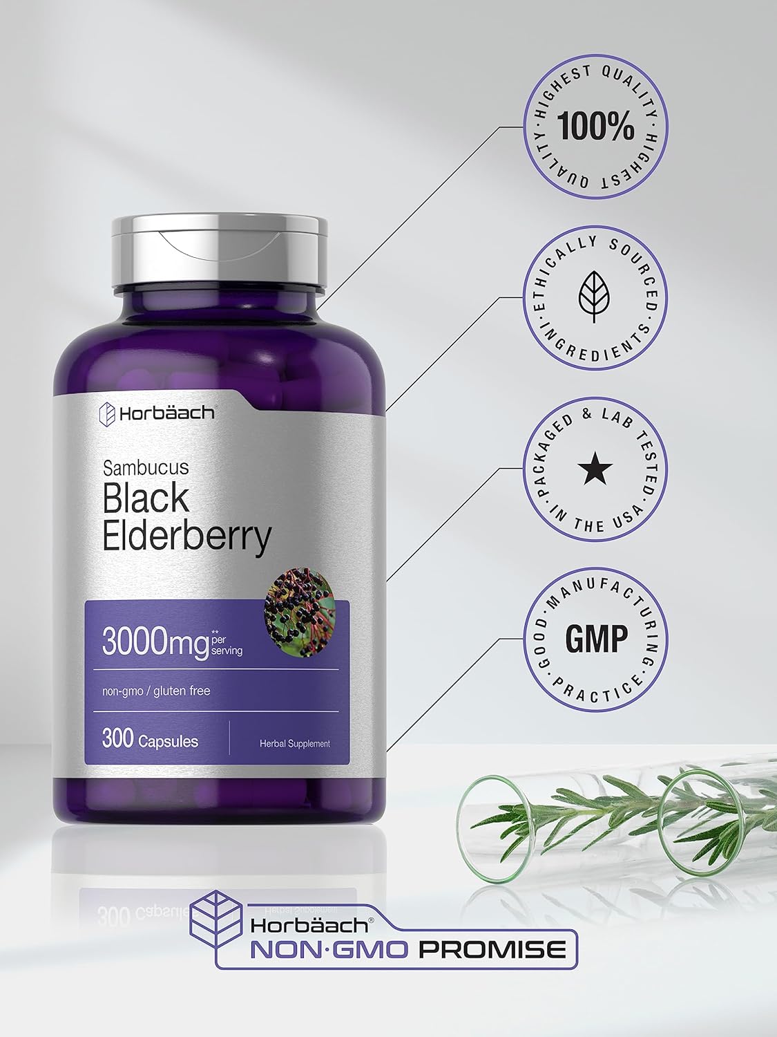 Horbäach Black Elderberry | 3000mg Capsules | 300 Count | Non-GMO, Gluten Free | Sambucus Supplement : Health & Household