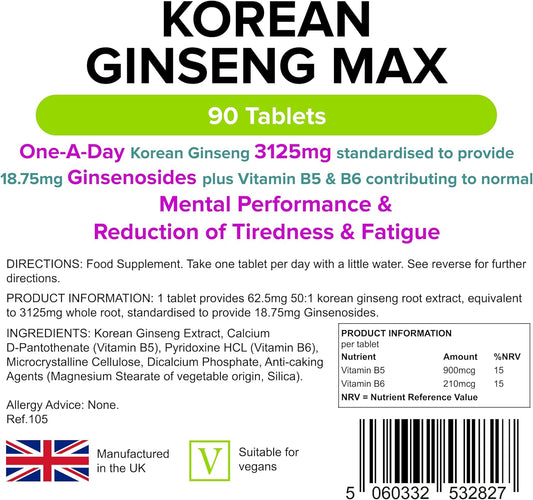 Lindens - Korean Ginseng Max 3125Mg - 90 Tablets - 1-A-Day - Uk Made - Vitamin B5 & B6, For Normal Mental Performance, Reduction Of Tiredness & Fatigue - Letterbox Friendly, Vegan