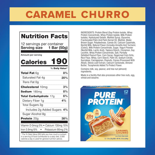 Pure Protein Bars, Caramel Churro, High Protein, Low Sugar, Gluten Free, Nutritious Snack, 1.76Oz, Pack Of 12