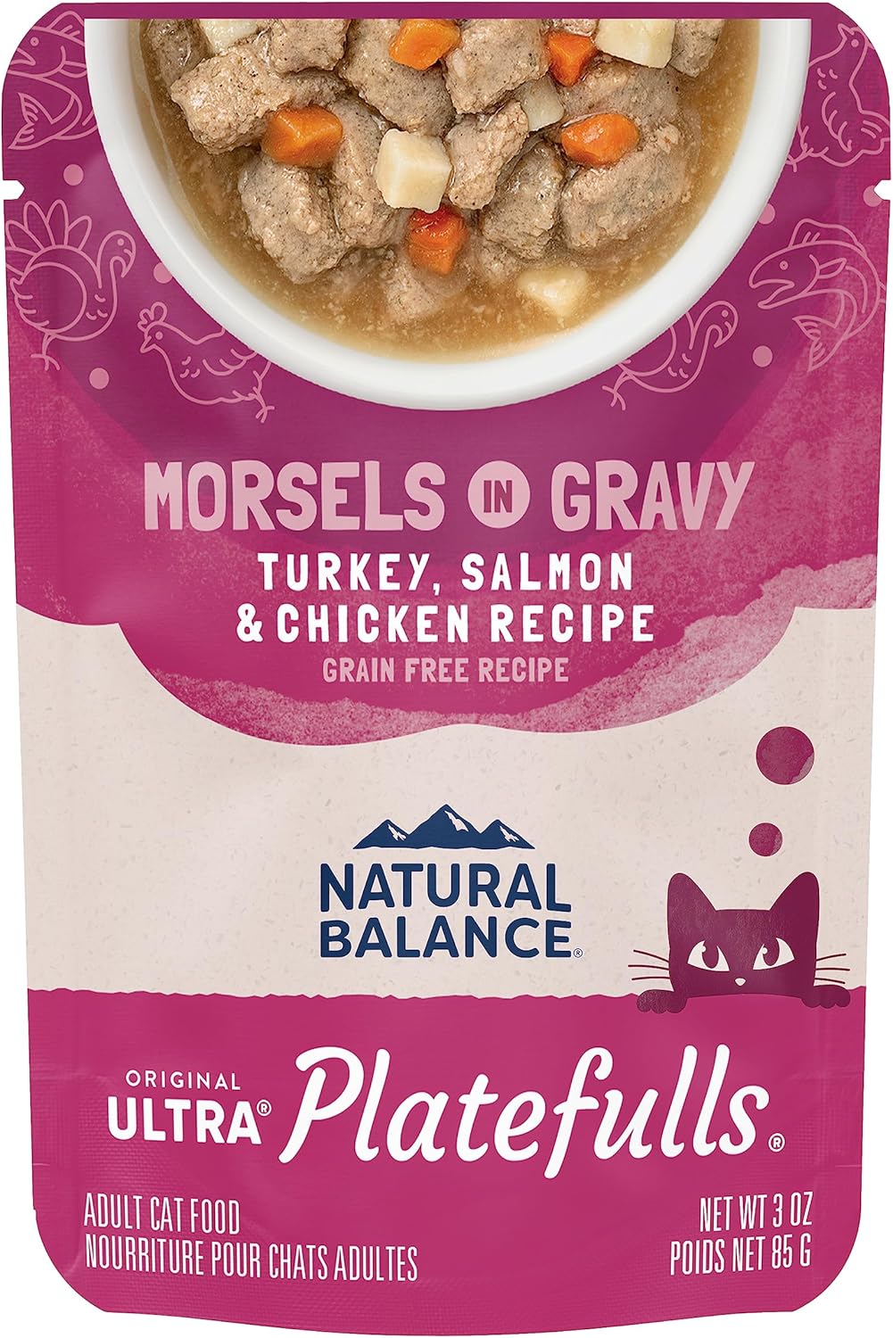 Natural Balance Original Ultra Platefulls Indoor Adult Grain Free Wet Cat Food, Turkey, Salmon & Chicken Recipe, 3 Ounce Pouch (Pack Of 24)