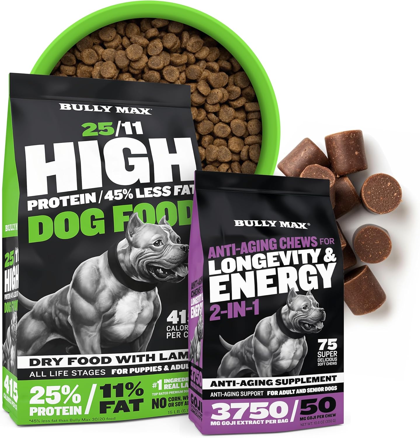 Bully Max High Protein Dry Dog Food & Anti-Aging Soft Chews Bundle - Healthy Training Treats For Adult & Senior Dogs - Vitamins And Supplements For Small & Large Breed - 15 Lbs Food + 75 Tasty Chews