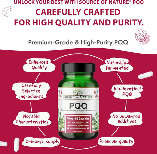 Source Of Nature® | 20Mg Pqq | 60 Capsules | 2 Month Supply | Premium Bio-Identical Pyrroloquinoline Quinone| High Dose | No Unwanted Additives | Made In Dk | 3Rd Party Tested