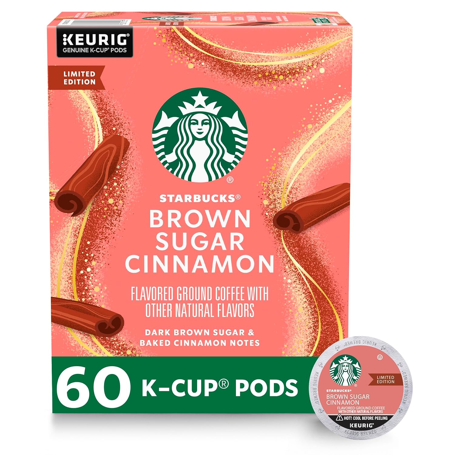 Starbucks K-Cup Coffee Pods, Brown Sugar Cinnamon Naturally Flavored Coffee For Keurig Coffee Makers, 100% Arabica, Limited Edition, 6 Boxes (60 Pods Total)