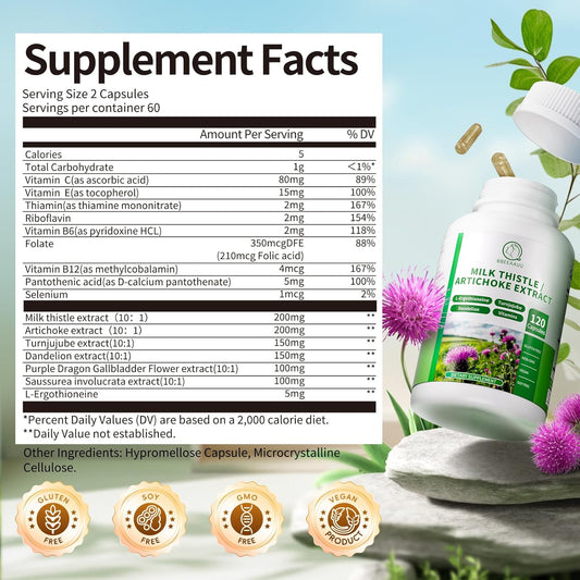 Milk Thistle Supplement, Liver Cleanse Detox & Repair Formula, 16-In-1 Herbal Liver Support Pill With Artichoke, L-Ergothioneine, Turnjujube Dandelion Extract For Liver & Antioxidant 120 Capsules