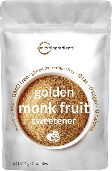 Golden Monk Fruit Sweetener With Erythritol, 4 Pounds - No After Taste - Brown Sugar Substitute, Keto Diet Friendly, Zero Calorie, Natural Sweetener For Drinks, Coffee, Tea, Cookies, No-Gmo, Vegan